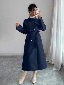 Elenzga 女士时尚优雅双排扣长款羊毛腰带 - 藏蓝色 - 查看 6