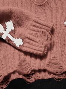 Coolane Kids Tween Girl V-Neck Long Sleeve Cross Pattern Jacquard Fringe Sweater Autumn Winter Clothes For Girl - Pink - View 3