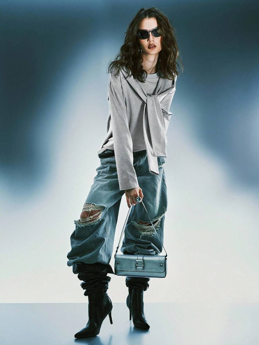 Airlisse Women's Grey Hooded 2 In 1 Long Sleeve T-Shirt - Grey - View 1