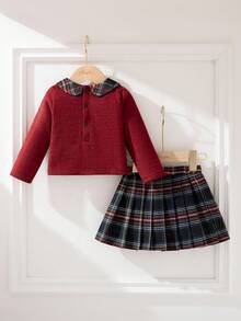 Souflis Souflis Conjunto de 2 piezas de niña pequeña con camiseta de manga larga con estampado de animales y falda plisada a cuadros, adecuado para la escuela, salidas y juego, otoño/invierno