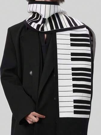 Goth Y2K Music Piano Pattern Warm Scarf, Versatile For Commuting, Casual Outings, Vacations, Gatherings, Unisex Fashion Accessory For Autumn/Winter