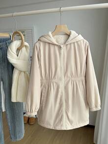 SHEIN Tween Girls Casual Hooded Windbreaker Jacket, Thermal Lined Mid-Length Outerwear, Fall/Winter - Apricot - View 3