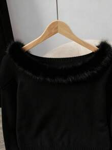 Franclia Áo len cổ lông chắp vá thời trang tay dài màu trơn dành cho nữ, mùa thu/đông - màu đen - Xem 4