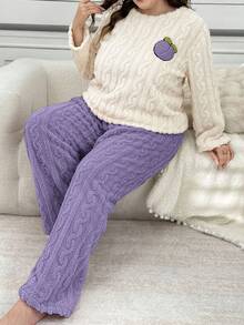 2 Stücke Plüsch bestickte Frucht Top und lila Hose Lässig Große Größen Set, gemütlicher Outfit, Herbst/Winter Kleidung, flauschig - Aprikosenfarben - Übersicht 4
