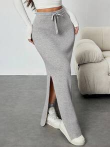 SHEIN Unity Nuevo suéter falda de corte recto y ajustado con abertura lateral, estilo minimalista y floral gris para otoño/invierno - Gris - Ver 3