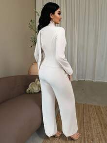 Chiquease 女士优雅通勤简约纯色 V 领单排扣夹克和直筒裤 2 件套 - 杏色 - 查看 2