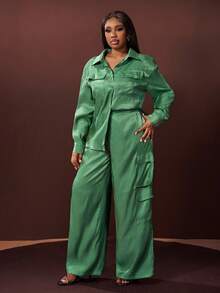 Slaydiva Sage Green,Autumn,Elegant,Formal Plus Size 2 Pieces Set Loose Shirt Collar Long Sleeve Sparkly Top And Wide Leg Long Pants For Casual Streetwear Party - Green - View 1