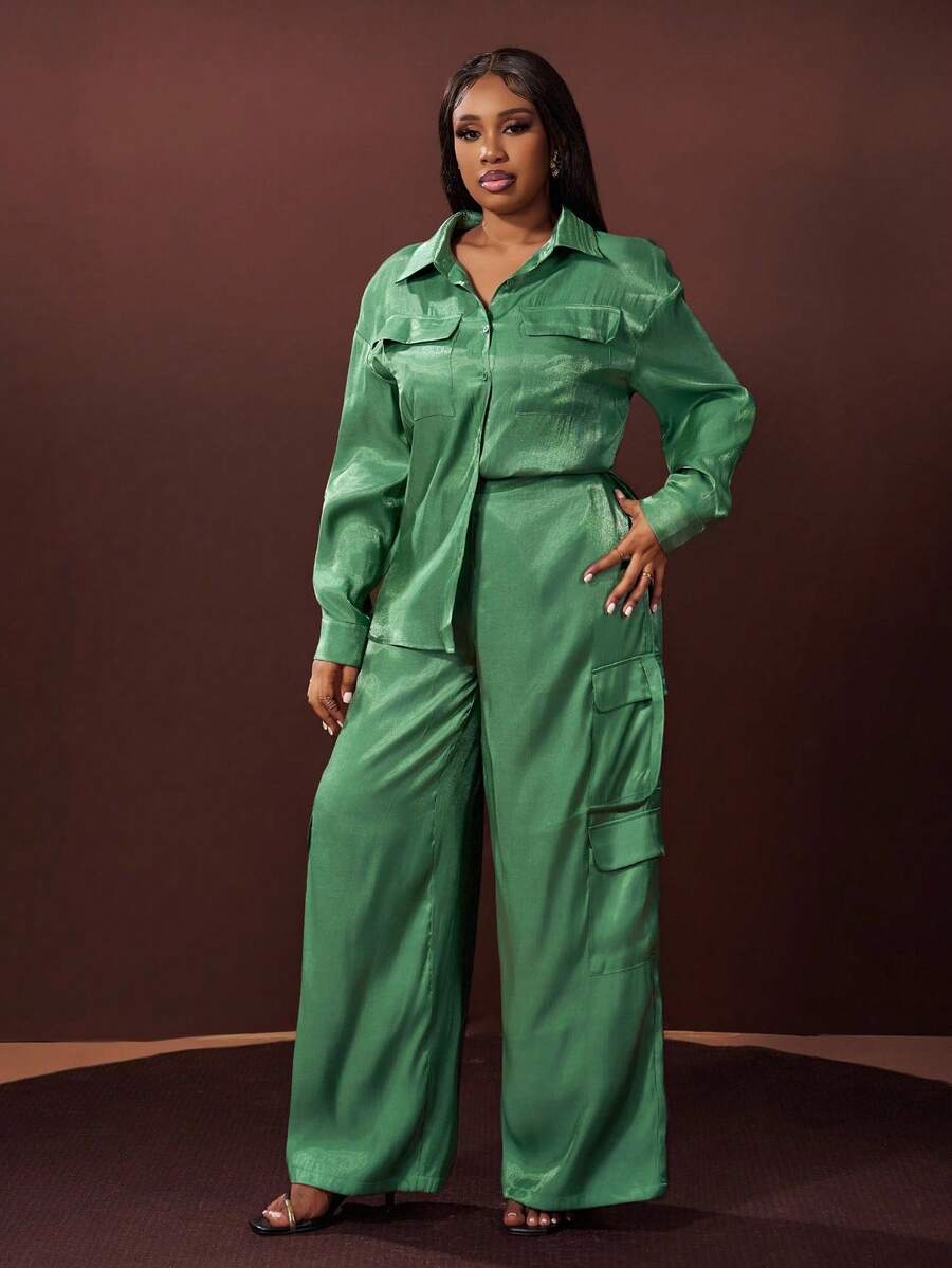 Slaydiva Sage Green,Autumn,Elegant,Formal Plus Size 2 Pieces Set Loose Shirt Collar Long Sleeve Sparkly Top And Wide Leg Long Pants For Casual Streetwear Party - Green - View 1