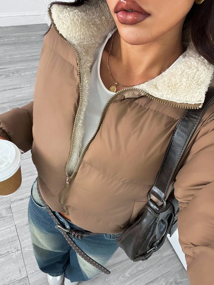 SHEIN PETITE 女士保暖内衬拉链夹棉大衣，冬季 - 杏色 - 查看 1