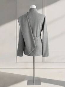 GlowEve 女士灰色优雅廓形系带腰身金属蘑菇扣斗篷外套，百搭 - 灰色 - 查看 2