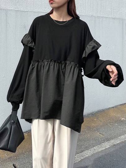FRIFUL Women's Ruffle Splice Loose Solid Color Round Neck Lantern Sleeve Patchwork Casual Commuter T-Shirt, Autumn Long Sleeve Top