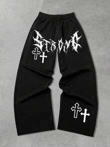 ROMWE MEN Goth Men's Loose Comfortable Cross Casual Straight Leg Sweatpants, Black - Black - View 1