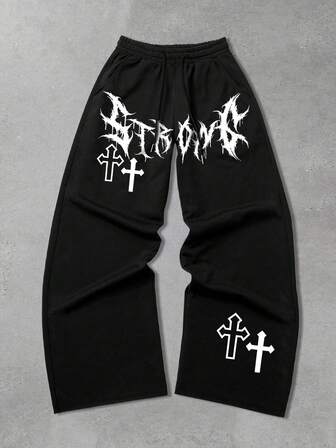 Goth Men's Loose Comfortable Cross Casual Straight Leg Sweatpants, Black
