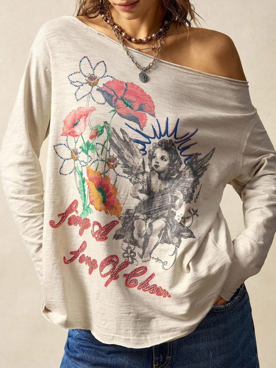 Bohemela Women's Casual Floral & Portrait Off-Shoulder Long Sleeve T-Shirt, Autumn - Blue - View 1