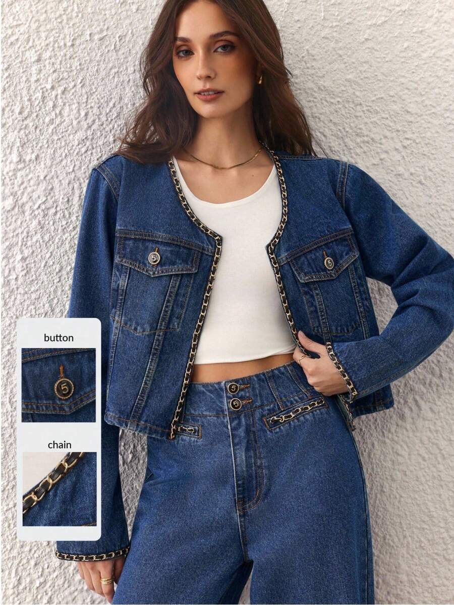 Selenza 女式休闲牛仔夹克，带缎带饰边，长袖，秋季 - 藍色 - 查看 1