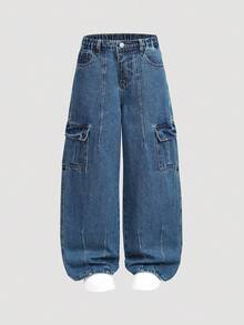 SHEIN Vacaura 复古水洗宽松多口袋直筒牛仔裤，适合青少年男孩，休闲街头风，男女皆宜