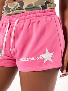 SUMWON WOMEN Yazlık Jersey Şort Varsity Star Tasarım Elastik Bel Festival Plaj Sıcak Pantolon - Pembe - Görünüm 2
