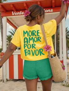 SHEIN Unity 夏季大码休闲标语印花短袖圆领T恤 - 黃色 - 查看 3