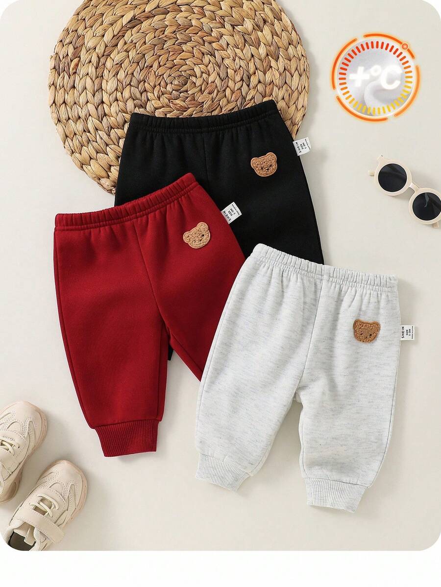 3 件套新生儿男/女宝宝可爱卡通图案松紧腰针织裤，休闲百搭 - 彩色 - 查看 1