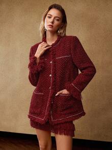MOTF PREMIUM TWEED RAW EDGE TRIM PATCH POCKET JACKET FOR WINTER - Burgundy - View 5