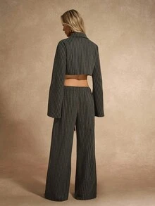 Chiquease 2pcs Business Casual Striped Long Sleeve Jacket Top And Wide Leg Pants Set - Brown - View 2