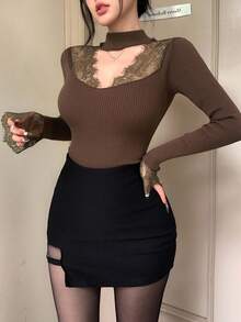 DAZY Women's Contrast Lace Hollow Out Fitted Long Sleeve Sweater, White, Spring/Autumn - Brown - View 6