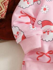 Playful Pals 2件套女婴圣诞老人蝴蝶结印花长袖运动衫和裤子套装 - 粉色 - 查看 7
