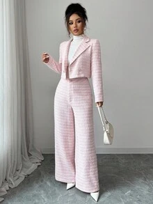 Modelyn Conjunto de 2 piezas de Mujer: Cárdigan de punto de tweed y pantalón de pierna recta, color rosa - Rosa - Ver 5