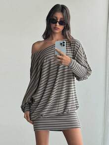 Aloruh 女士条纹蝙蝠袖宽松休闲迷你连衣裙露肩长袖不对称肩衬衫不对称肩连衣裙超大款上衣蝙蝠袖连衣裙女士秋季服装女士秋季连衣裙秋季服装秋季女装秋季穿搭 - 彩色 - 查看 4