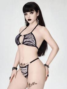 ROMWE Grunge Punk Bộ đồ lót Bralette và Quần lọt khe họa tiết ngựa vằn Punk hình trái tim khóa kim loại, gợi cảm - màu đen - Xem 4