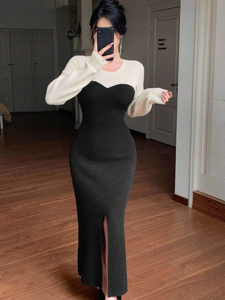 Autumn/Winter Casual Chic Elegant Color Block Contrast Patchwork High Slit New Year Christmas Wedding Party Cocktail Formal Fitted Sweater Dress For Women
