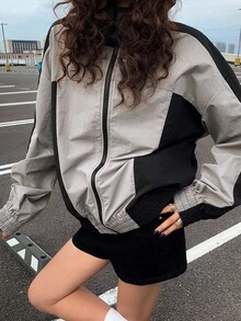 DAZY 女式休闲拼接拉链连帽夹克，秋季 - 黑色 - 查看 1