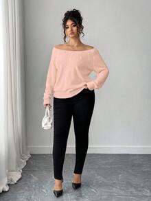 Elenzga Plus Size Women Solid Color Faux Pearl Decor Raglan Sleeve Elegant Sweater - Pink - View 3