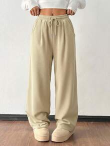 SHEIN PETITE 女式秋冬街头时尚休闲复古灯芯绒纹理裤 - 米色 - 查看 3