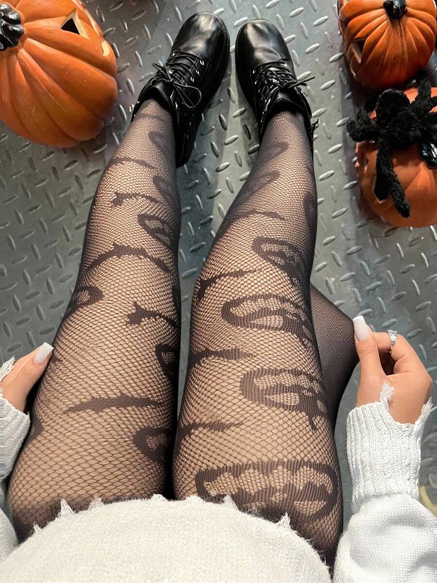 SHEIN EZwear Plus Size Women's Sexy Spider Web Mesh Leggings, Halloween Clothes, Night Out Going Out Tops, Festival Fall Clothes Winter Clothes,Fall Clothes For Women Fishnet Tights Plus Size Tights Black Tights