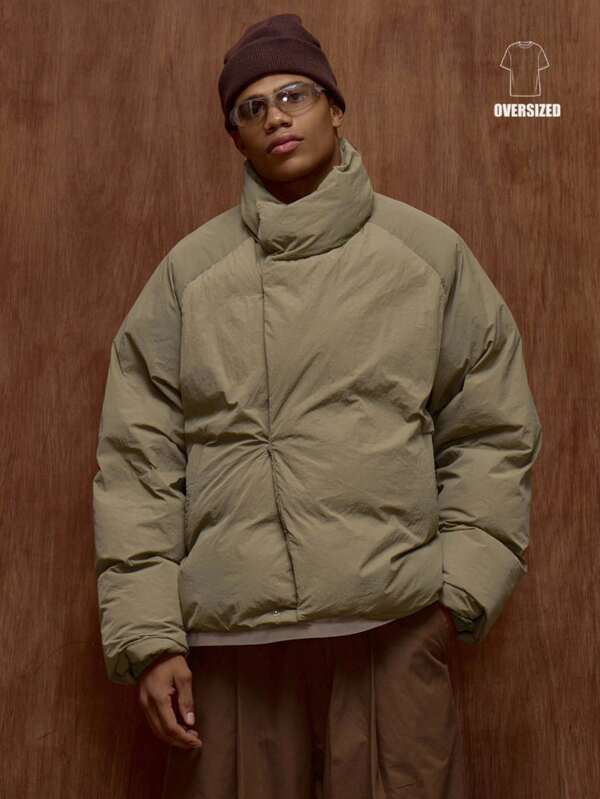 Musero Oversized Slightly Cropped Fit Asymmetrical Zip Through Fastening Puffer Hoodless Coat Funnel Neck Jacket Fall/Autumn Winter Premium