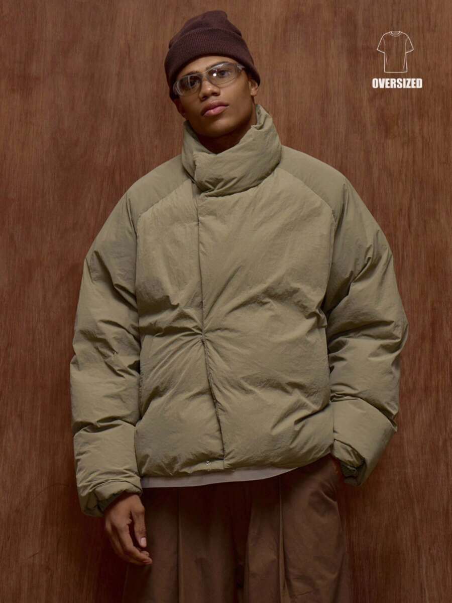 Musero Oversized Slightly Cropped Fit Asymmetrical Zip Through Fastening Puffer Hoodless Coat Funnel Neck Jacket /Premium Spring&Summer - Army Green - View 1