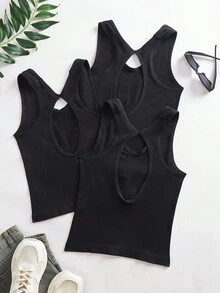 SHEIN Sports Einfarbiges Tank Top für Damen mit breiten Trägern, lässig, für Fitness und Sport - Schwarz - Übersicht 2