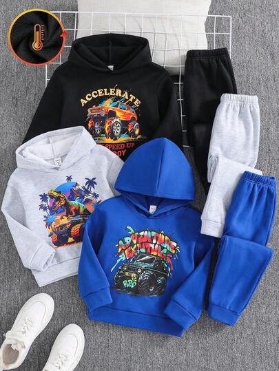 SHEIN 6pcs Boys Casual Sports Cute Daily Comfortable Dinosaur & Car Graphic Loose Hoodie And Pants Set, Suitable For Outings, School, Gatherings, Autumn/Winter