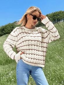 SHEIN Cottnline Damski gruby sweter w paski na jesień i zimę - Wielbłąd - Zobacz 3