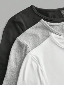 SHEIN EZwear Set de 3 camisetas de manga larga con cuello redondo y fruncido de unicolor casual para mujer, otoño/invierno