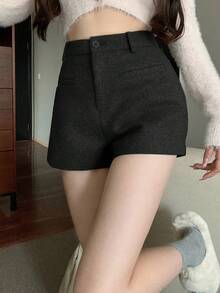 DAZY 女式厚仿羊毛混纺商务休闲短裤，带口袋，直筒设计，适合秋冬办公室穿着