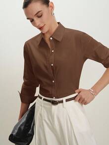 BizChic 春夏新款翻领前开襟女式衬衫，现代优雅都市通勤休闲浪漫90年代复古风，适合圣诞节、新年、情人节、派对、海滩、毕业典礼、嘉年华、假日等各种场合，简约浪漫百搭，适合婚礼宾客、主人、约会、派对、音乐会、早午餐、机场等多种场合。 - 棕色 - 查看 3