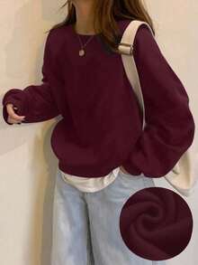 INAWLY Women's Solid Color Round Neck Loose Fit Casual Sweatshirt