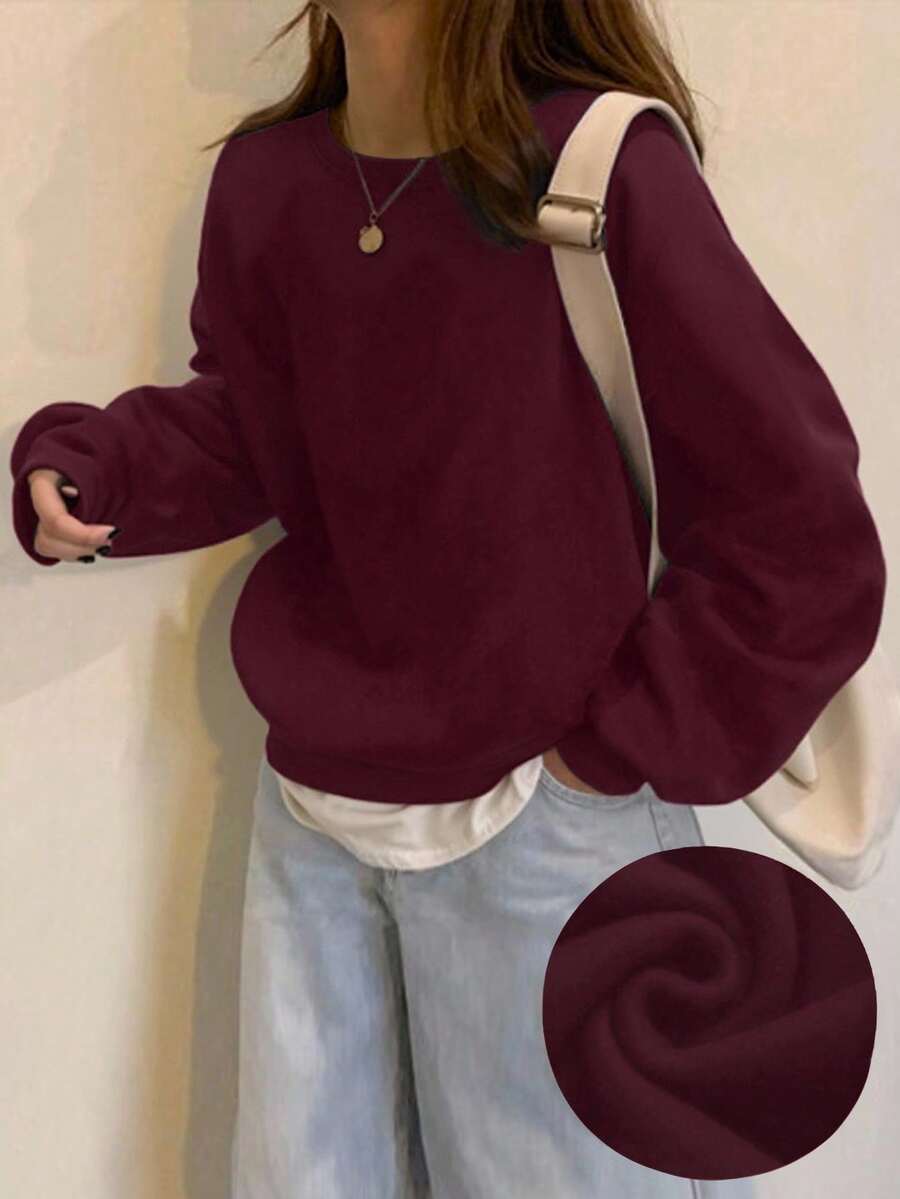 INAWLY Women's Solid Color Round Neck Loose Fit Casual Sweatshirt