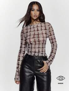 MUSERA Feraux 网眼格纹印花长袖荷叶边下摆上衣，性感外出夜游冬季可爱街头风。适合假日、派对、春夏穿着。 - 彩色 - 查看 1