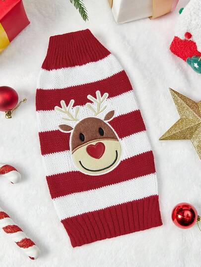 PETSIN Christmas Red And White Striped Deer Pattern Cute & Warm Pet Sweater