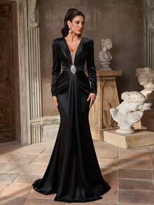 Aureia Elegant Black Stretch Satin Formal Dinner Dress,Long Sleeve Shoulder Pad Pleated Rhinestone Decor Fishtail Hem Trailing Wedding Event Gown - Black - View 6