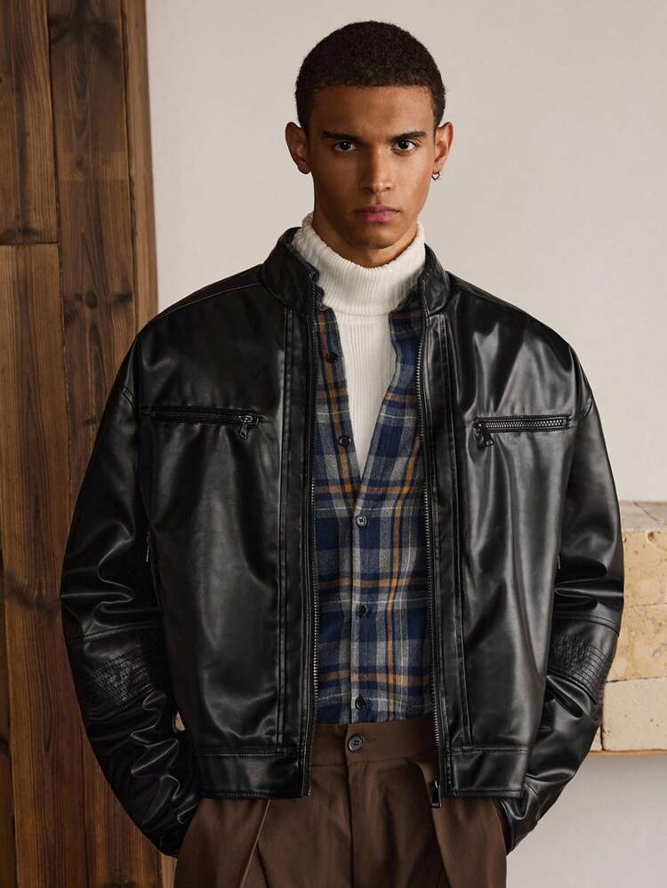 SWAVVY Men's Solid Color Zip-Up Long Sleeve PU Leather Jacket, Fashionable For Autumn/Winter, Grunge - Black - View 3
