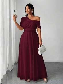 SHEIN PETITE CURVE Đầm voan lệch vai xẻ tà thanh lịch, lãng mạn dành cho nữ cỡ lớn, thích hợp dự đám cưới, tiệc tùng, năm mới, các dịp trang trọng, màu đỏ rượu vang. - Màu Đỏ Sâu - Xem 3